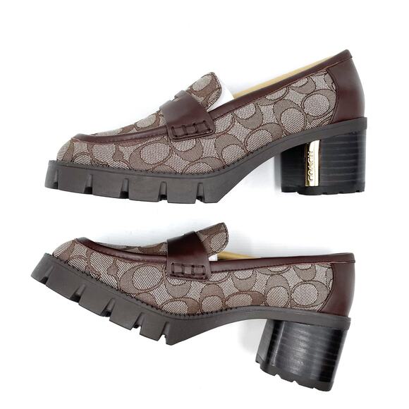 Coach Cora Jacquard Loafer Pump Oak Brown Leather Block Heel Slip On Sz 7.5 - Picture 6 of 11